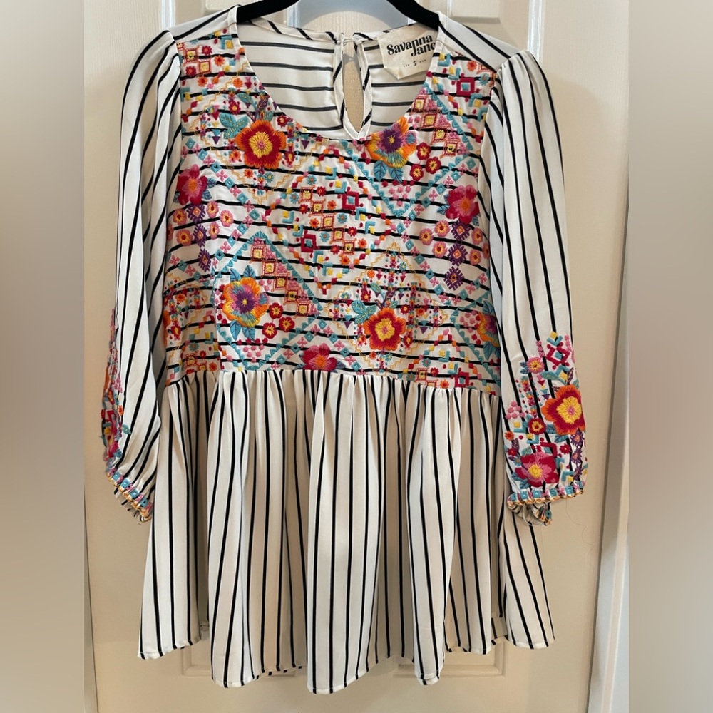 Savanna Jane White Striped Top with Multicolor Floral Embroidery